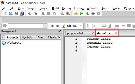 archivo de texto abierto con el Code::Blocks