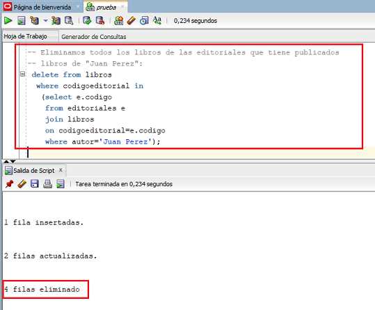 SQL Developer Subconsulta con update y delete