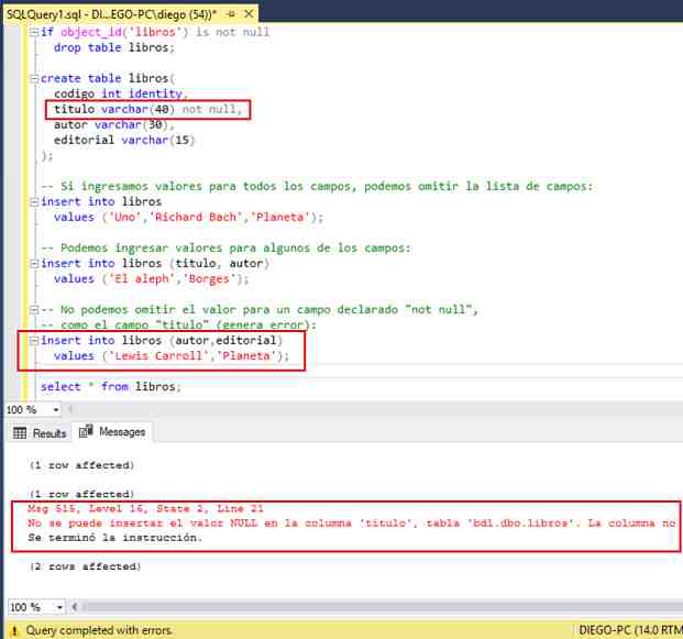 SQL Server Management Studio insert into sin indicar campos