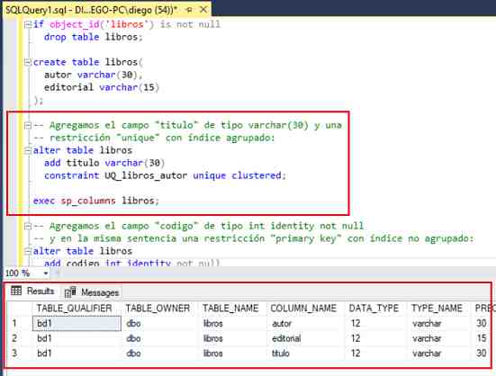 SQL Server Management Studio alter table add  campos y restricciones