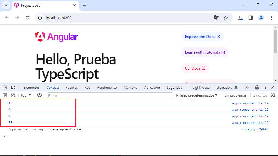 typescript salida consola
