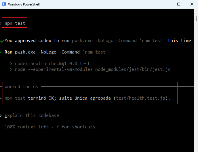 ejecutar un test desde codex
