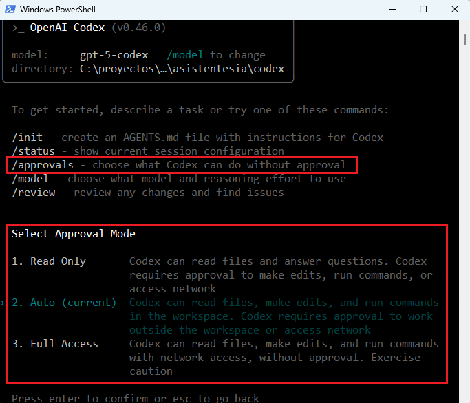 /approvals en codex