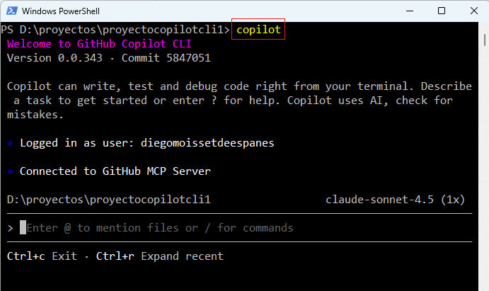 ejecución de github copilot cli