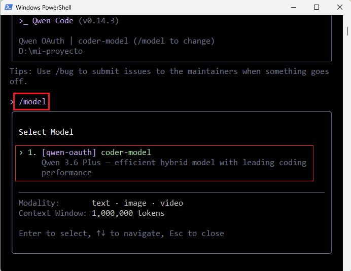 Selección o revisión del modelo activo en Qwen Code