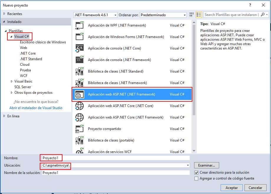 Microsoft Visual Studio - Nuevo Proyecto MVC con C#