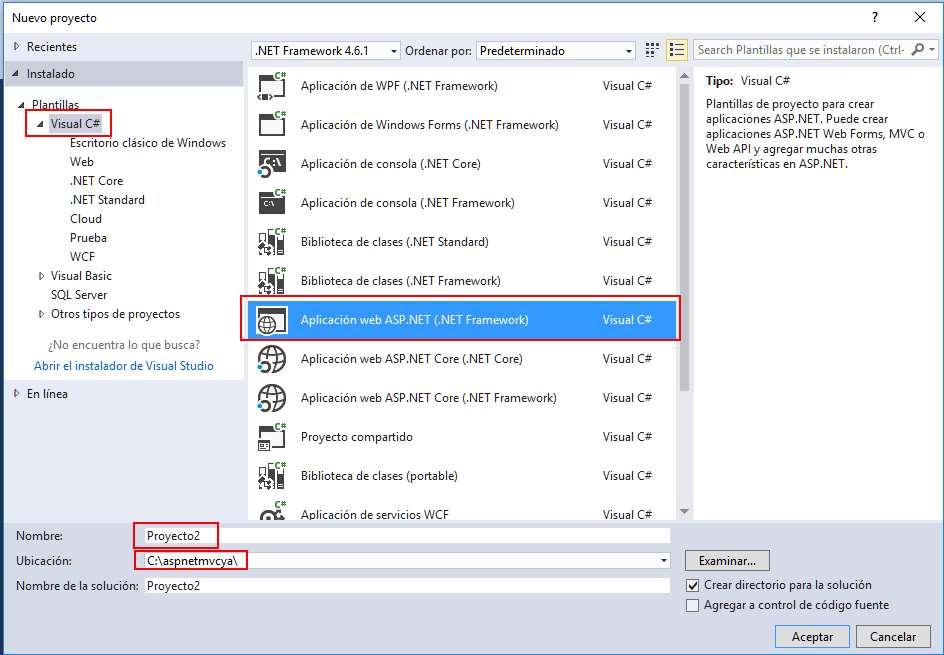 Microsoft Visual Studio - Nuevo Proyecto MVC con C#