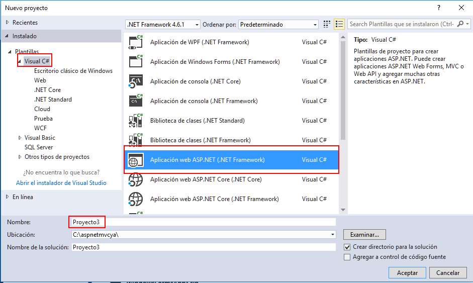 Microsoft Visual Studio - Nuevo Proyecto MVC con C#