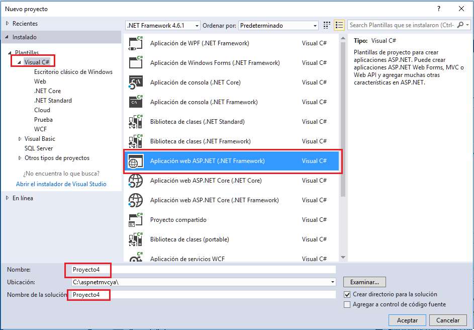 Microsoft Visual Studio - Nuevo Proyecto MVC con C# con Modelo Vista Controlador