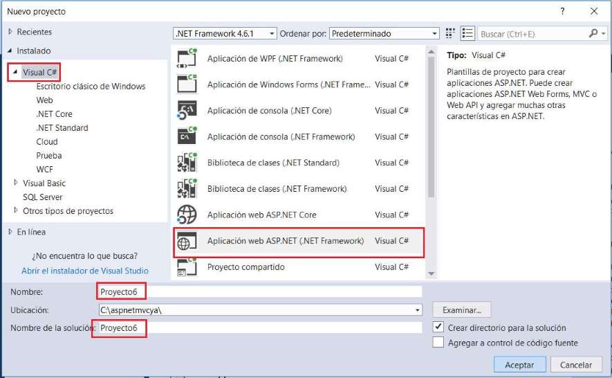 Microsoft Visual Studio - Nuevo Proyecto MVC con C# con Modelo Vista Controlador