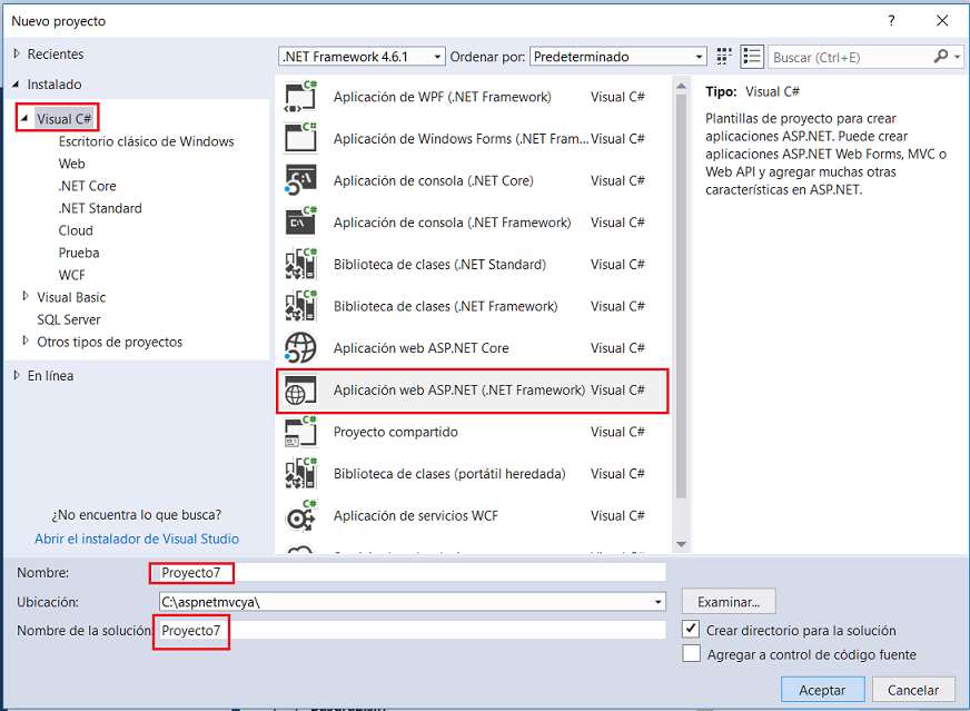 Microsoft Visual Studio - Nuevo Proyecto MVC con C# con Modelo Vista Controlador