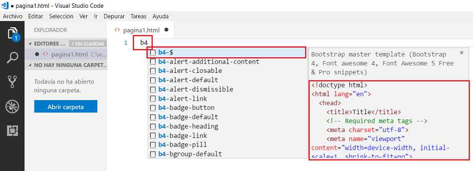 vs code extension bootstrap 4 insertar esqueleto básico