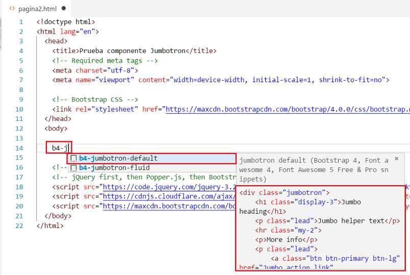 vs code extension bootstrap 4 insertar jumbotron
