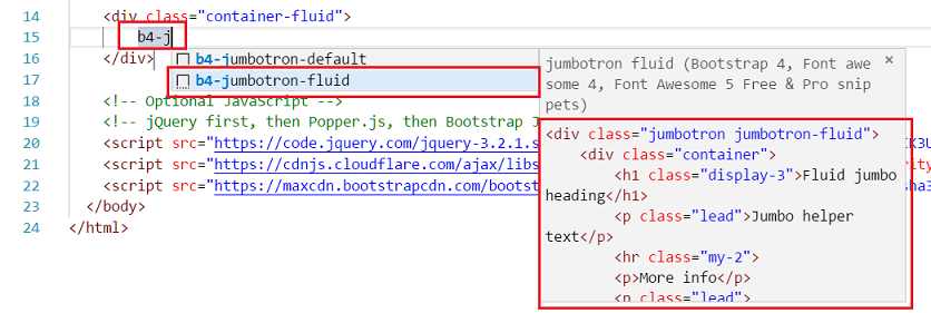 vs code extension bootstrap 4 insertar jumbotron-fluid