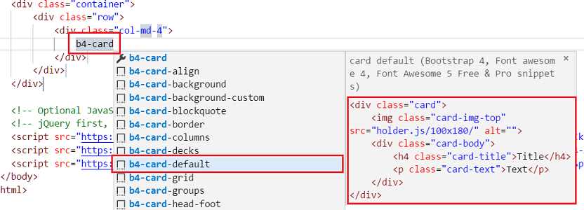 vs code extension bootstrap 4 componente card