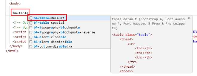 tabla html extensión Bootstrap 4, Font awesome 4, Font Awesome 5 Free & Pro snippets