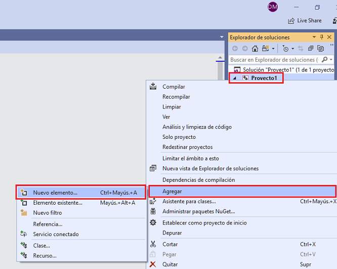 Visual Studio Community - nuevo elemento