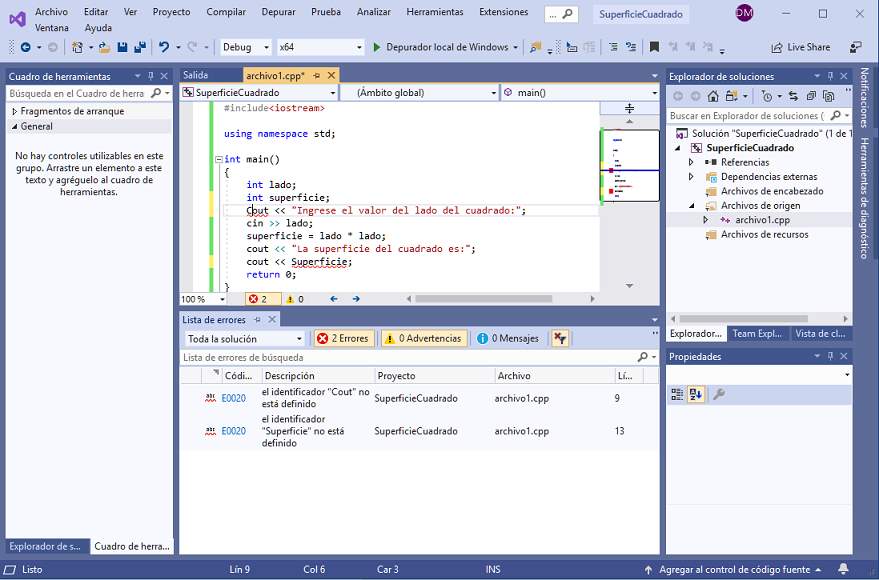 programa c++ con error sintácticos