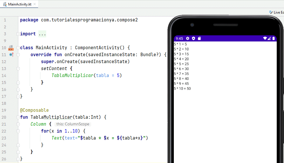 creación proyecto con Jetpack Compose Column