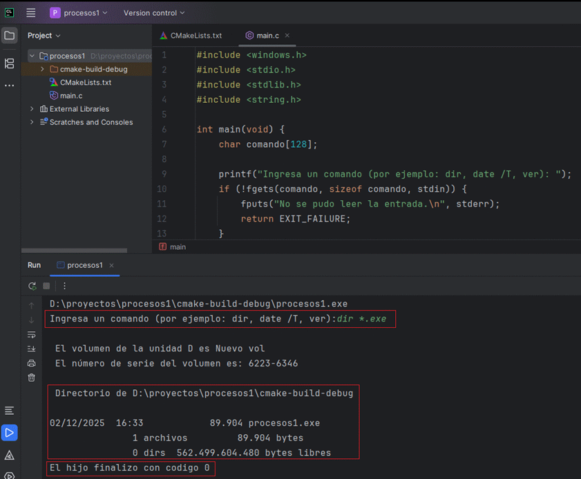 Salida del lanzador de comandos en Windows mostrando el código de salida del proceso hijo