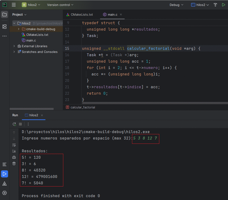 Salida de factoriales concurrentes en Windows con tiempos y resultados