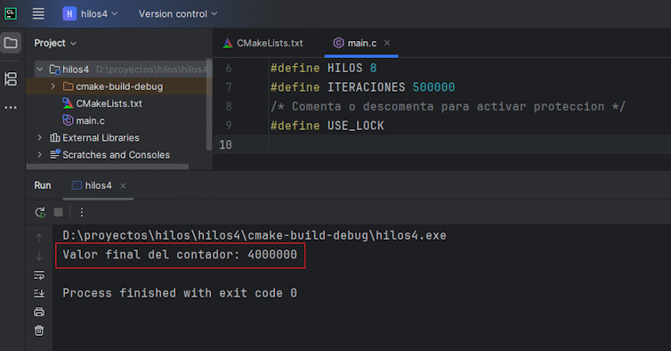 Salida de consola mostrando el contador protegido con CRITICAL_SECTION y la diferencia al desactivar el lock