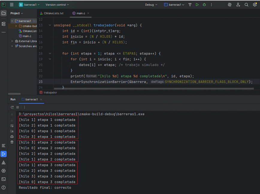 Diagrama de sincronización por barrera mostrando hilos esperando antes de continuar a la siguiente etapa