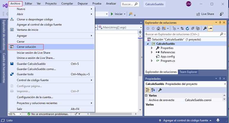 Cerrar solucion visual studio