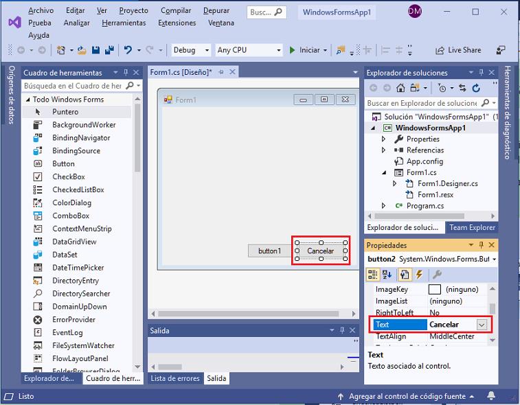 Ventana de propiedades Windows Forms