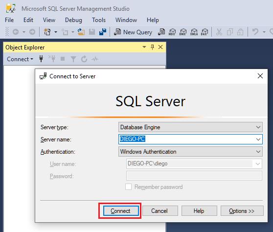 ejecución del SQL Server Management Studio
