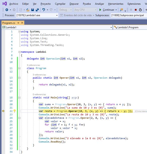 ejecución paso a paso expresiones lambda en C# con el visual studio .net