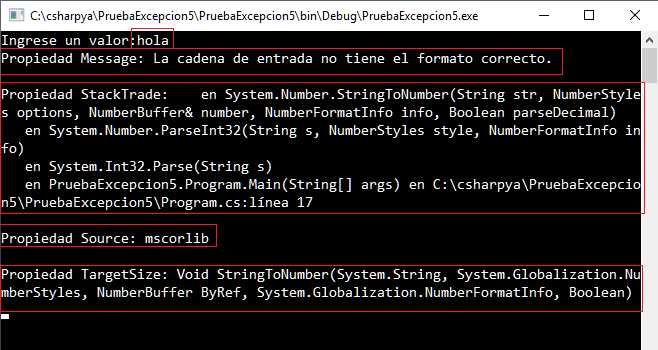 C# excepciones propiedades clase Exception