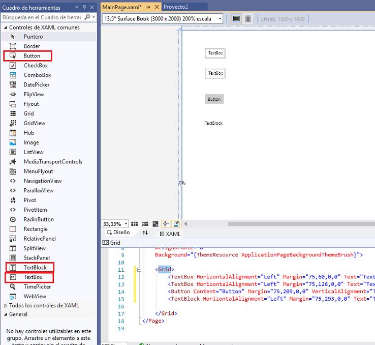 TextBlock TextBox Button aplicacion universal windows visual Studio 2019