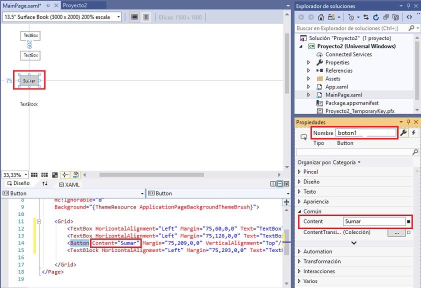 propiedad Content Button aplicacion universal windows visual Studio 2019