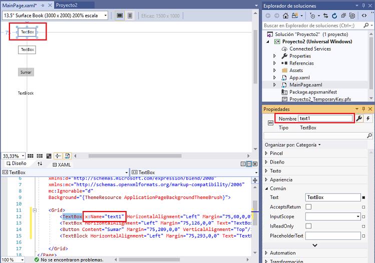 propiedad Nombre Text TextBox aplicacion universal windows visual Studio 2019