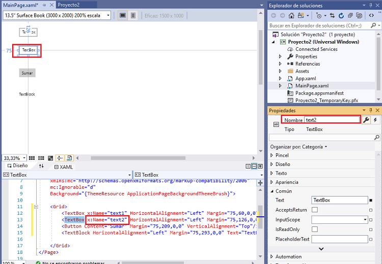 propiedad Nombre Text TextBox aplicacion universal windows visual Studio 2019
