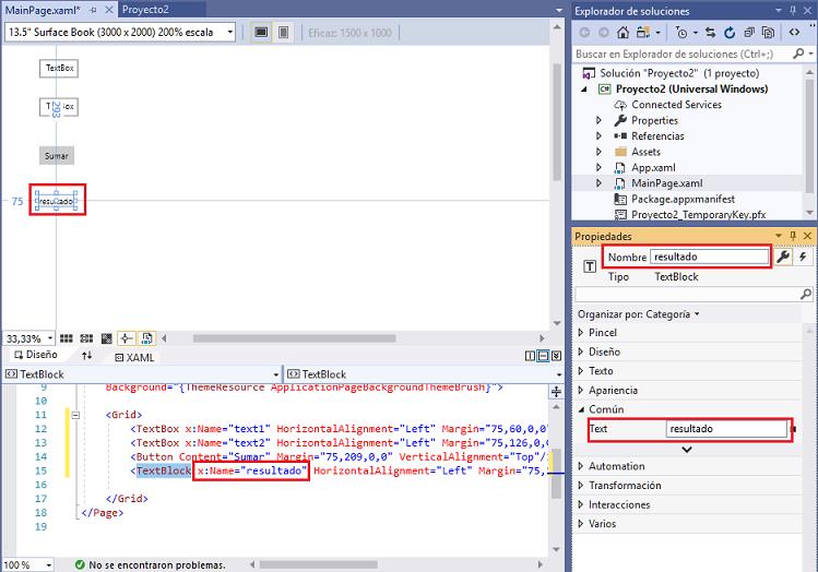 propiedad  Text TextBlock aplicacion universal windows visual Studio 2019