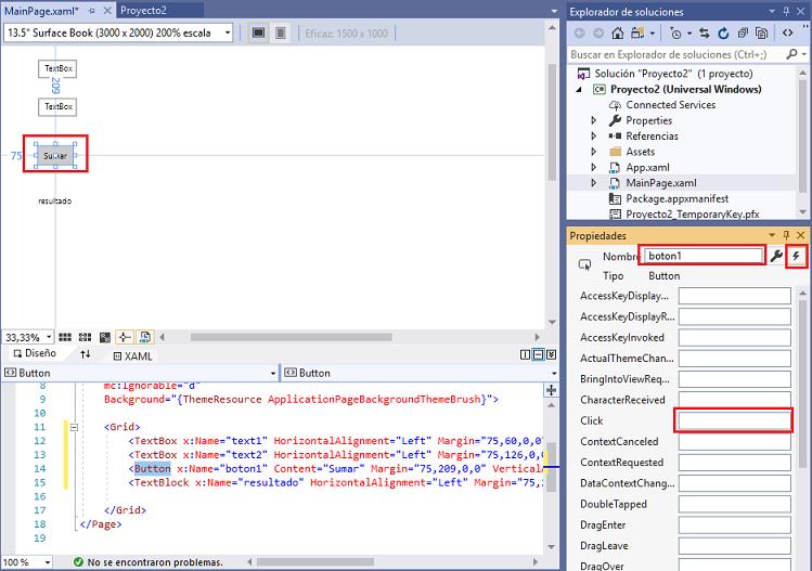 evento Click Button aplicacion universal windows visual Studio 2019