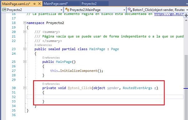 evento Click Button aplicacion universal windows visual Studio 2019
