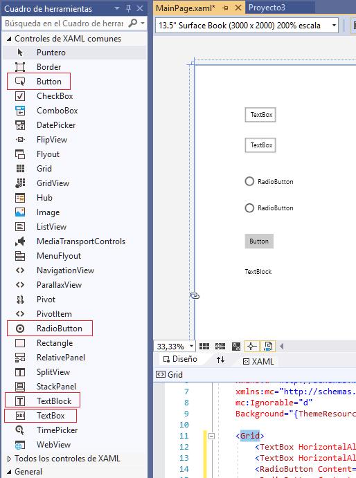 TextBlock TextBox Button RadioButton aplicacion universal windows visual Studio 2015