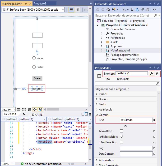 propiedad Nombre TextBlock aplicacion universal windows visual Studio 2019