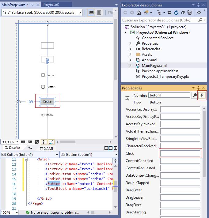 evento Click Button aplicacion universal windows visual Studio 2019