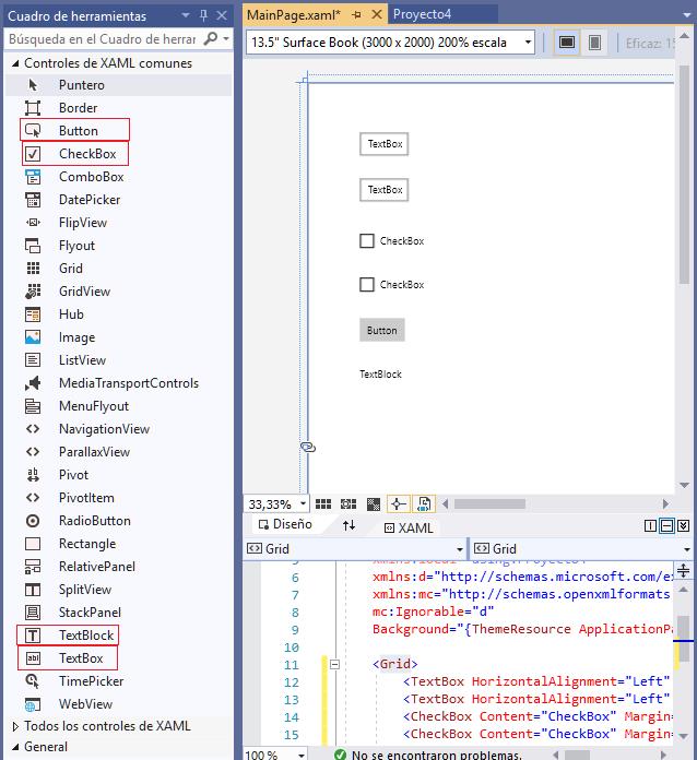 TextBlock TextBox Button CheckBox aplicacion universal windows visual Studio 2019