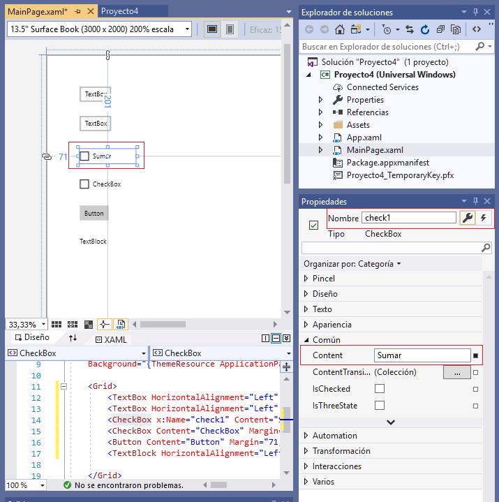 propiedad Content Nombre CheckBox aplicacion universal windows visual Studio 2019