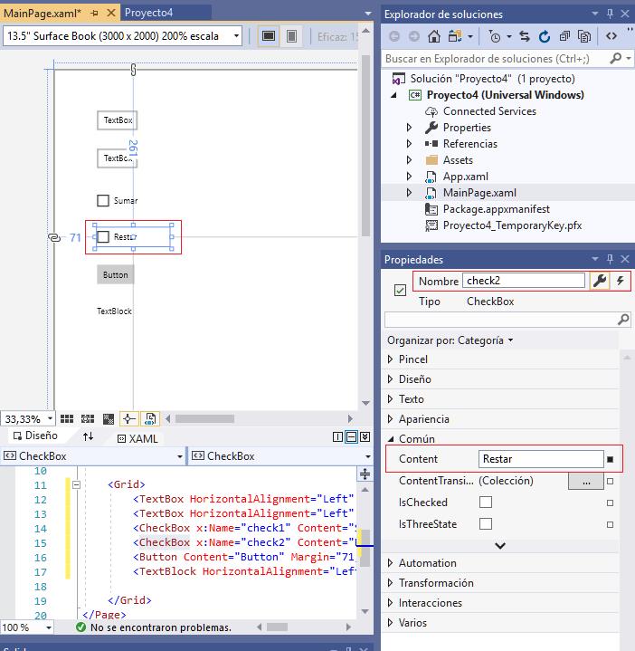 propiedad Content CheckBox aplicacion universal windows visual Studio 2019