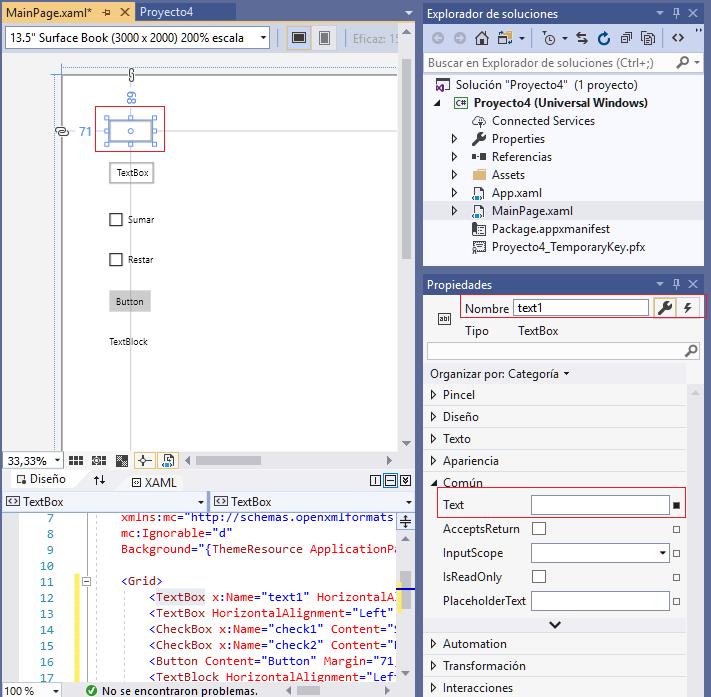 propiedad Content TextBox aplicacion universal windows visual Studio 2019