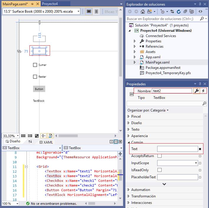 propiedad Content TextBox aplicacion universal windows visual Studio 2019