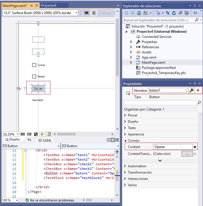 propiedad Content Button aplicacion universal windows visual Studio 2019