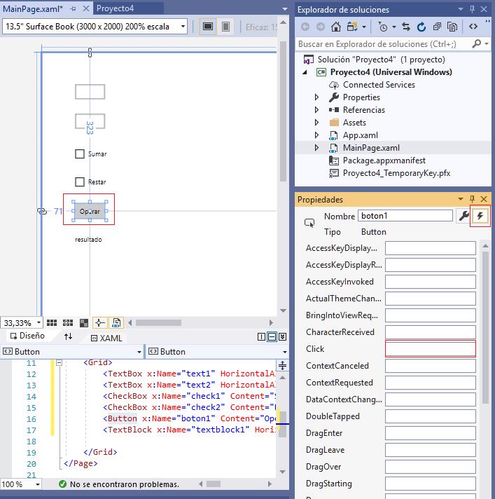 evento Click Button aplicacion universal windows visual Studio 2019