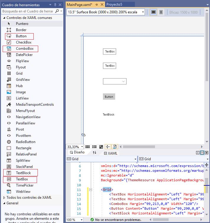 TextBlock TextBox Button ComboBox aplicacion universal windows visual Studio 2019